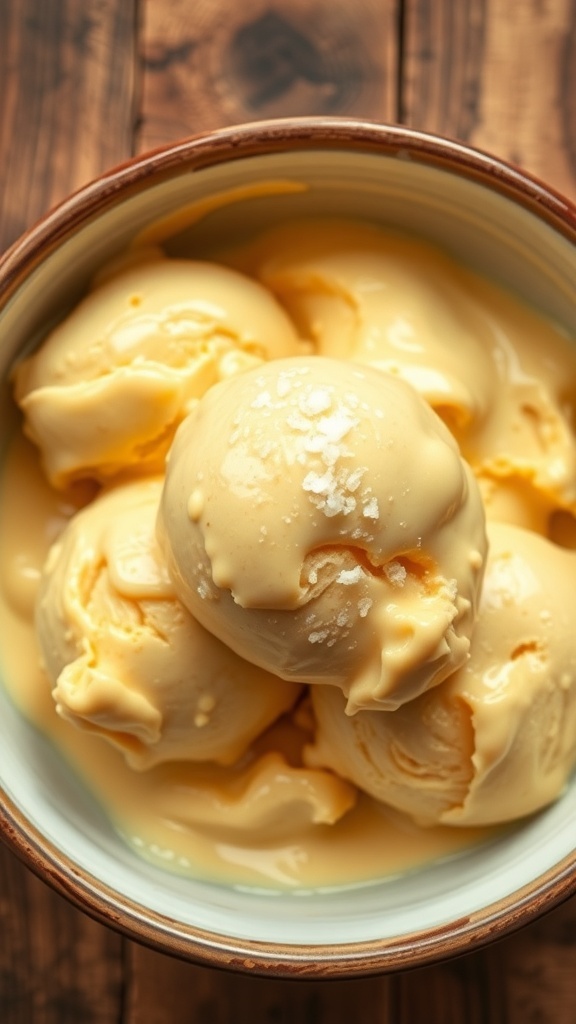 Carnivore Ice Cream Recipe for Ninja Creami A bowl of rich carnivore ice cream made from heavy cream and egg yolks, garnished with salt, on a rustic wooden table.